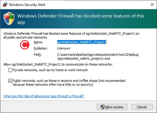 Learn to Use Powerful SGC WebSockets WebRTC in C++ Builder Windows firewall message