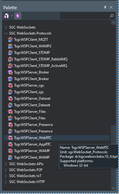 Learn to Use Powerful SGC WebSockets WebRTC in C++ Builder - the list of sgcComponents