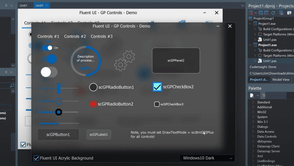 What You Need To Know - A Beginner's Guide To Windows UI Toolkits. Fluent UI demo screen, dark mode.