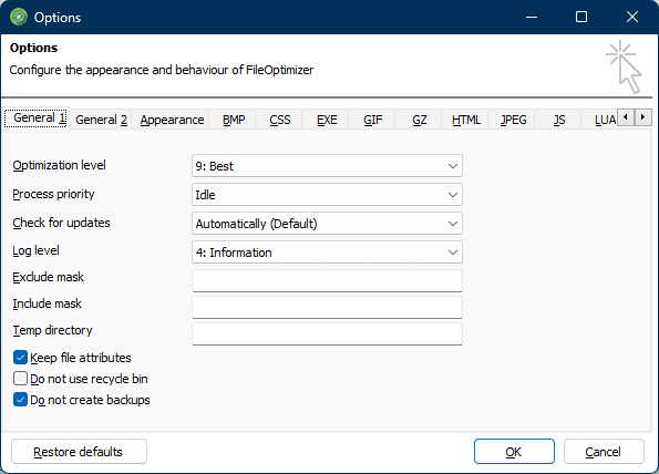 C++ Builder Is The Choice For The Award-Winning FileOptimizer - the FileOptimizer options screen