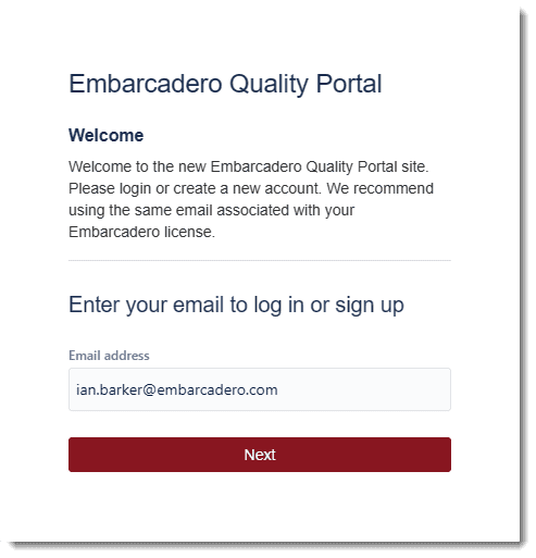 The New Embarcadero Quality Portal - login dialog