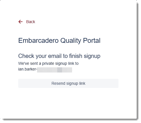 The New Embarcadero Quality Portal - sign up confirmation