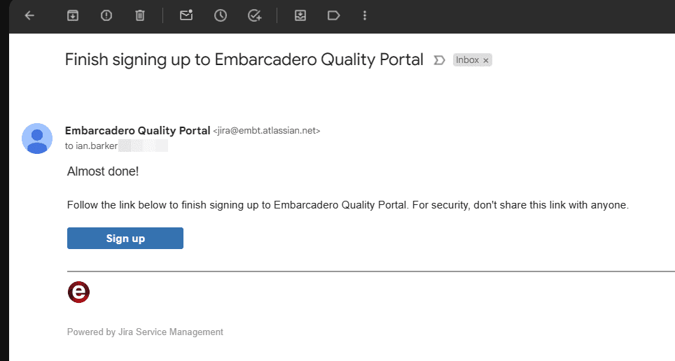 The New Embarcadero Quality Portal - Confirmation Email