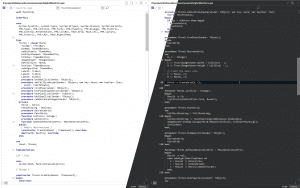 Composite image of light and dark IDE modes, with two side by side editors in focus mode