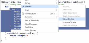 Selecting the   try  finally block right click showing the Refactor > Extract method menu