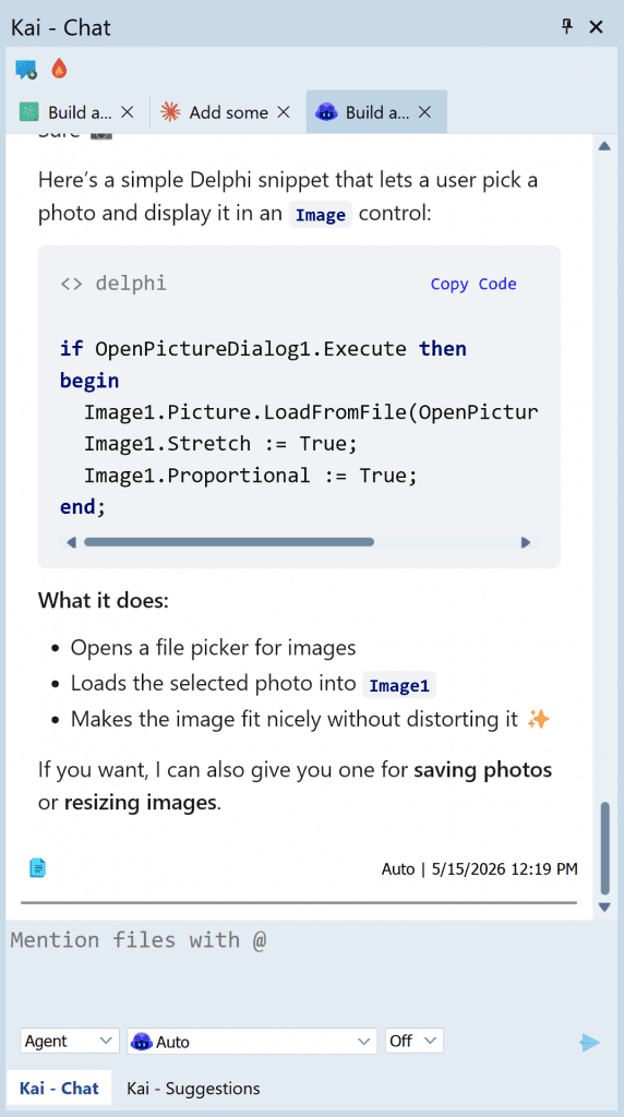 Screenshot of Kai   Chat showing a Delphi code snippet that loads a chosen image into Image1 using OpenPictureDialog and sets stretch and proportional with a Copy Code option