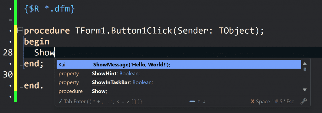 Code editor showing Button1Click event calling ShowMessageHello World in a form