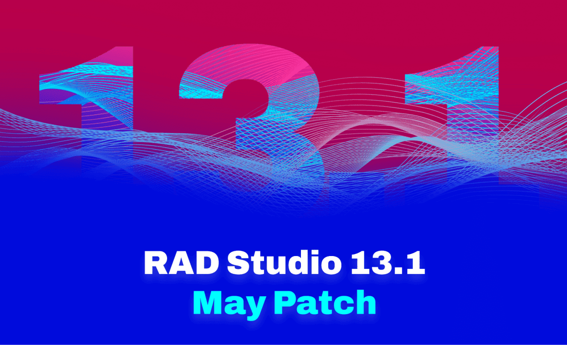 Promotional banner for RAD Studio 131 May Patch with blue wave design on a pink to blue gradient