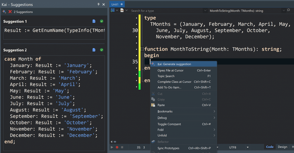 Screenshot of an IDE with two code generation suggestions Suggestion 1 shows Result = GetEnumNameTypeInfoTMonth Suggestion 2 shows a case Month of  January to December a contextual menu titled Kai Generate suggestion is open on the right