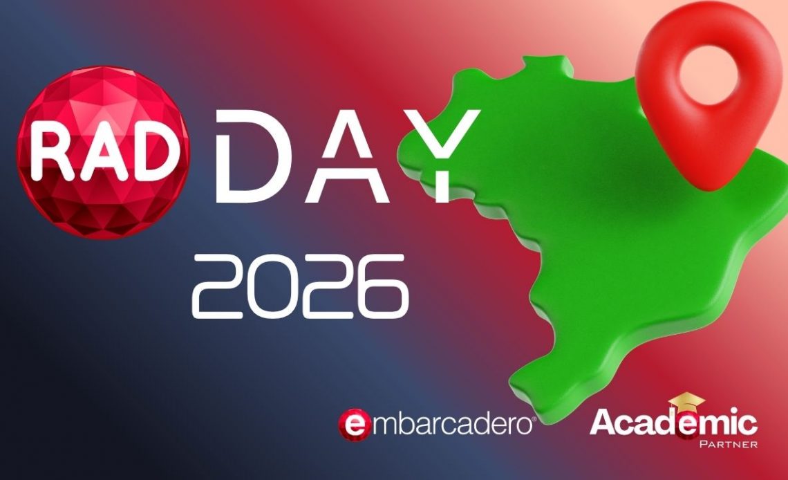 Promotional banner for RAD Day 2026 with Embarcadero and Academic Partner logos, a red gem logo, and a green map shape with a location pin.