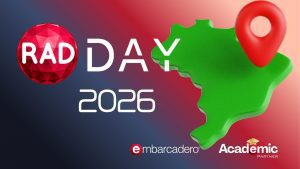 Promotional banner for RAD Day 2026 with Embarcadero and Academic Partner logos, a red gem logo, and a green map shape with a location pin.