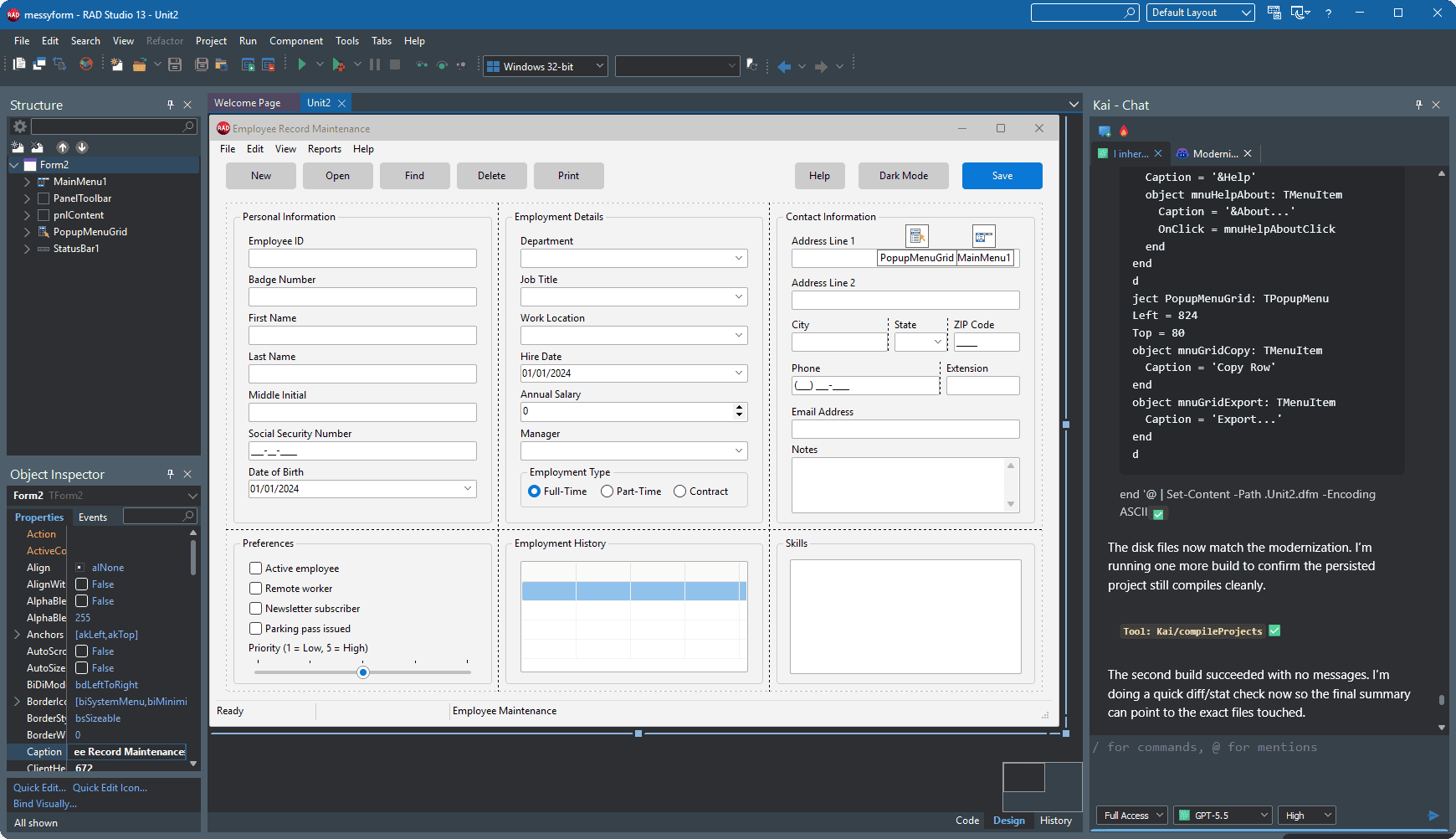 The same form in the designer after Kai applied the modernization plan. No manual redesign, just review and a couple of tweaks.