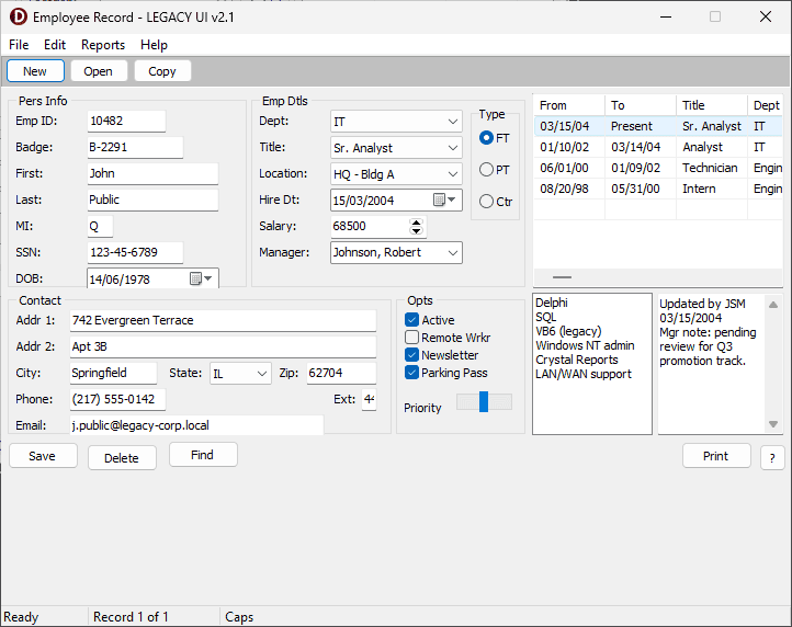 Legacy VCL employee record form with dense, unstyled 1990s-style layout, small fonts, and default Windows controls