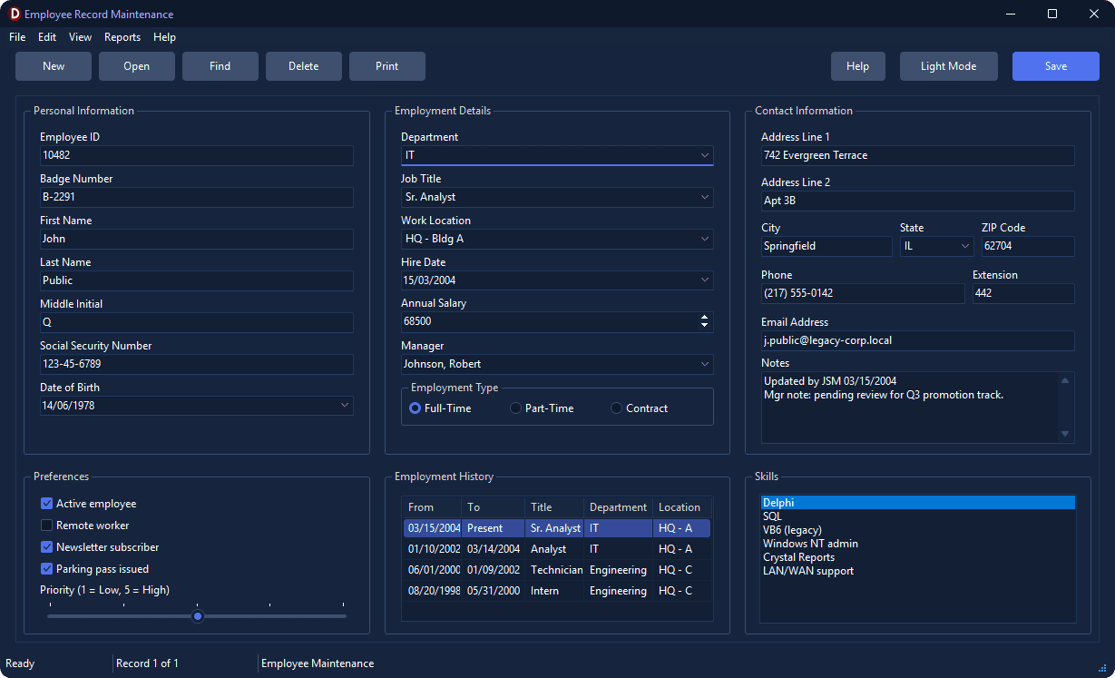 Modernized VCL employee record form with clean grouped sections, dark mode VCL style, modern buttons, and improved typography