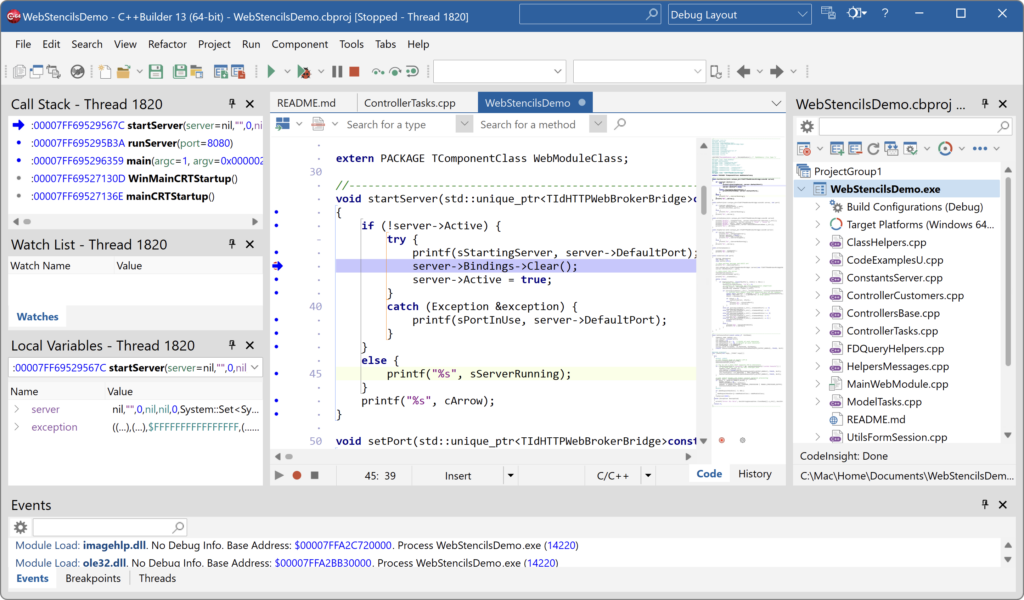 The image shows debugger view: there is one breakpoint hit, local variables are shown.