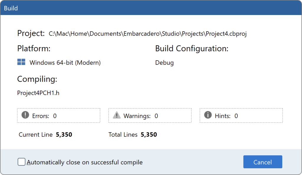 The image shows that the current file, current line, total lines, etc are shown during the project build.