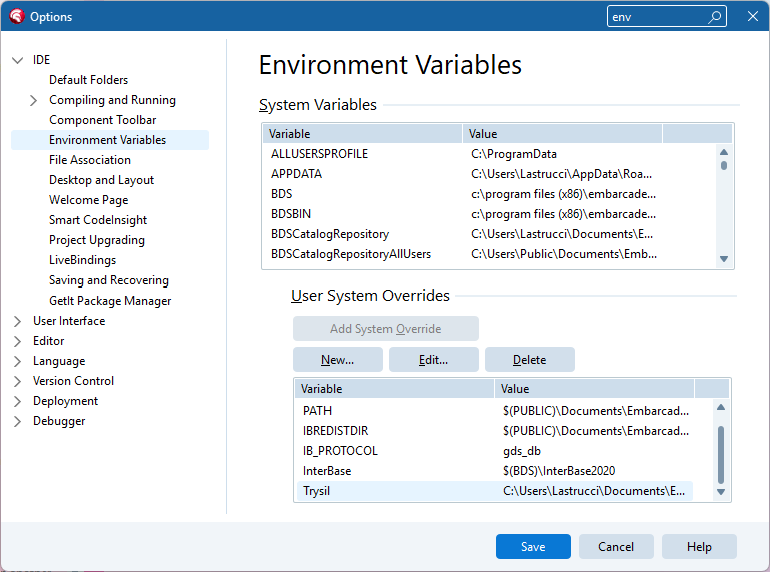 RAD Studio Environment Variables options with the Trysil variable pointing to the Lib folder installed by GetIt