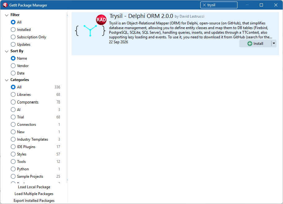 Trysil 2.0.0 in the RAD Studio GetIt Package Manager