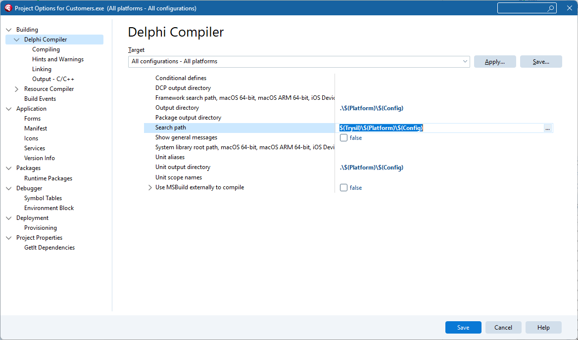 Delphi Compiler project options with $(Trysil)\$(Platform)\$(Config) in the Search path for all configurations and platforms
